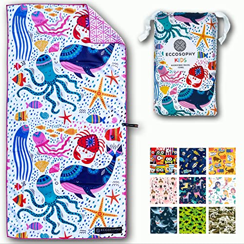 ECCOSOPHY Microfiber Kids Beach Towels & Pouch 60'x30' for Girls & Boys - Quick Dry Pool Towels - Sand Free Beach Blanket for Travel - Camping - Vacation - Toallas Playas (Sea)