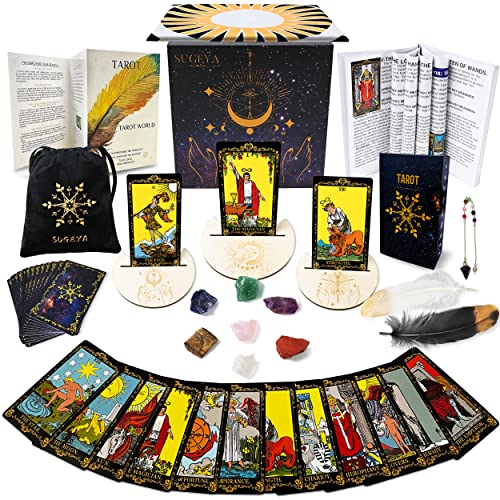 Tarot Cards with Guide Book, 78 Black Original Tarot Cards Deck Gift Set with Chakra Stones, Tarot Cloth & More, Tarot Deck Fortune Telling Game Craft Cardboard for Beginners and Expert Readers