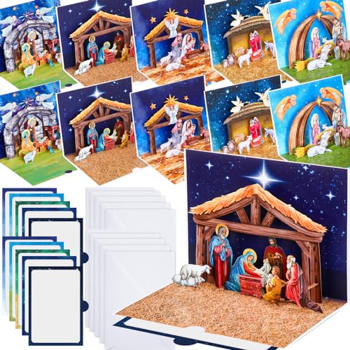 Cholemy 10 Pcs Nativity Christmas Pop up Cards 3D Religious Christmas Card with Envelopes Christmas Cards Religious Nativity Christmas Cards Birth of Jesus Pop up Greeting Cards for Christmas Holiday