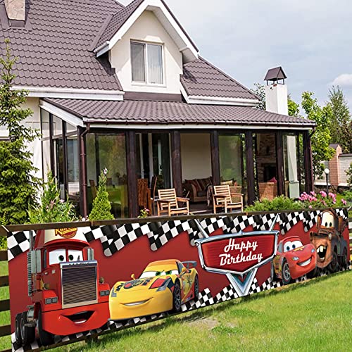 Cartoon Red Racing Cars Birthday Party Banner 118in x 20In Checkered Flag Garden Banner for Racing Car Themed Baby Shower Banner Decor Supplies Backdrop Yard Sign
