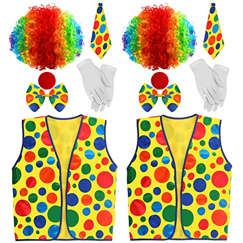 Funtery 2 Set Clown Costume Set Clown Vest Clown Nose Rainbow Clown Wig Clown Bow Tie and Tie Clown White Gloves Accessories for Carnivals Costume Cosplay Halloween Party Circus Props, Total 12pcs