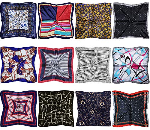 LilMents 12 Mixed Designs Small Square Satin Womens Neck Head Scarf Scarves Bundle Lot Set (Set A)