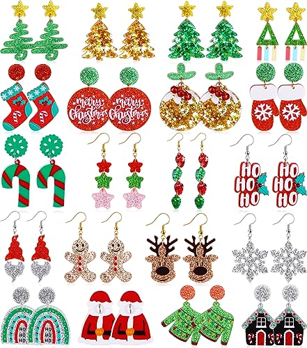Equsion 20 Pairs Christmas Earrings for Women Acrylic Holiday Earrings Drop Dangle Earring Christmas Tree Gingerbread Santa Claus Elk Snowflake Jewelry Accessories for Women Girls Gift