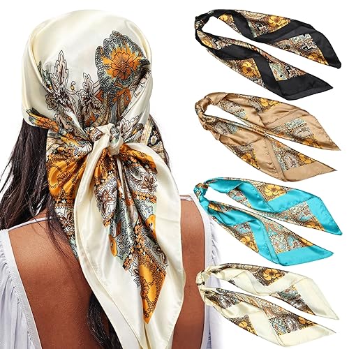 AWAYTR Satin Large Square Head Scarves - 4PCS Silk Like Neck Scarf Lightweight Hair Sleeping Wraps for Women (Cashew(Black/Blue/Camel/Beige))