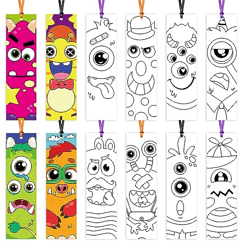 Haooryx 75Pcs Monster Color Your Own Bookmarks, Kids DIY Coloring Blank Monster Theme Bookmarks for Monster Party Game Prize Halloween Gift Tags Student Classroom Book Marker Reward Supplies