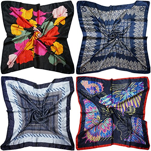 4 Pc Set Large 35 x 35 inches Satin Square Scarves Neck Hair Head Scarf Bundle (Set A)