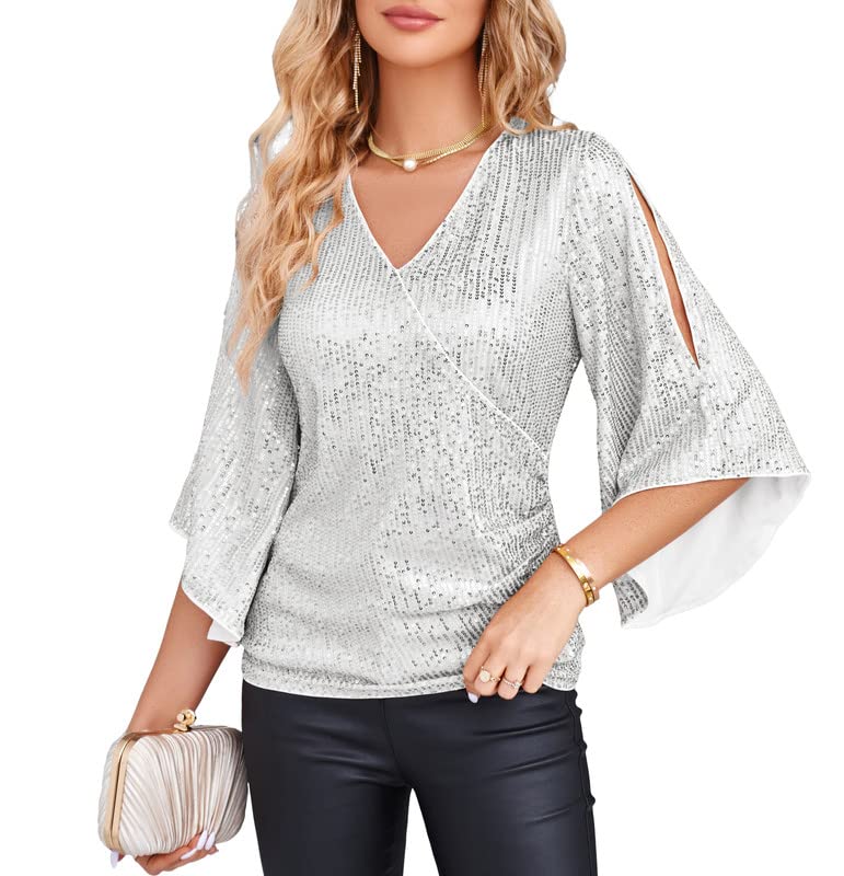 Women's Christmas Sequin top Sparkly 3/4 Sleeve Party Shirts Dressy Glitter Slim Fit Tops Blouses Silver 2XL