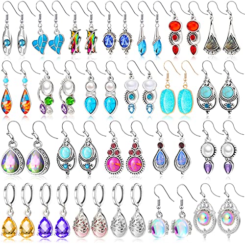 24 Pairs Crystal Teardrop Dangle Earrings Cubic Zirconia Hoop Earrings Boho Threader Earrings Set for Women Girls Christmas (Vintage Style)