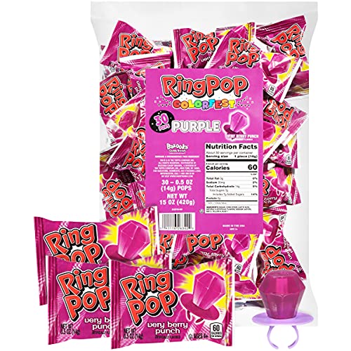 Ring Pop Colorfest Very Berry Punch holiday Candy - 30 Count Bulk Lollipop Pack – Individually Wrapped Lollipop Suckers - Candy For Party Favors, Purple Color Parties, Stocking Stuffer, holiday Gift Exchange