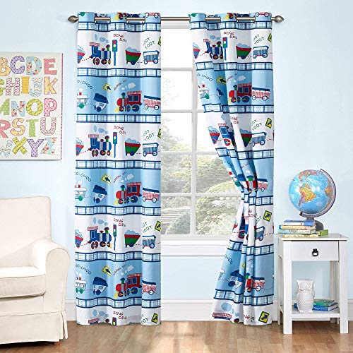 Kids Zone Home Linen 2 Panel Curtain Set with Grommet for Boys Girls Teens Bedroom Multicolor Set Train Traffic Light Railroad Blue Green Red White New