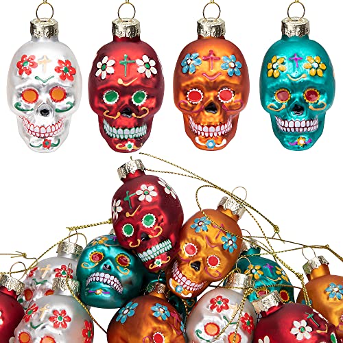 12pcs Day of The Dead Glass Ornaments - Dia De Los Muertos Sugar Skull Ornaments - Halloween Hanging Skeleton Head Ornaments for Christmas Tree Hanging Decorations