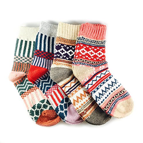 JOYCA & CO. 3-5 Pairs Womens Multicolor Fashion Warm Wool Cotton Thick Winter Crew Socks (4 Pairs Mix 1)