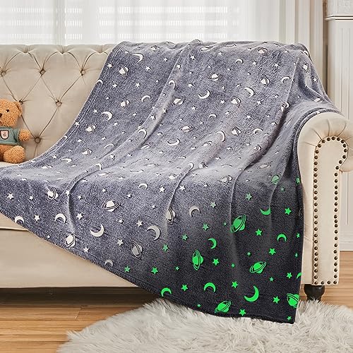 SOCHOW Glow in The Dark Throw Blanket 60 x 80 Inches, Galaxy Stars Pattern Soft Cozy Flannel Fleece Blanket for Boys Girls, All Seasons Grey Gifts Blanket for Kids