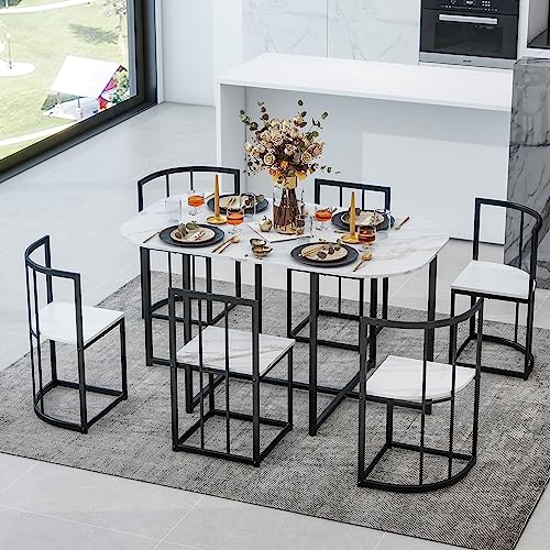 Merax Compact Dining Table and Chairs for Small Space Faux Marble Dining Table Set for 6, 55inch Kitchen Table 7 Piece Set for Dining Room Living Room Modern Style