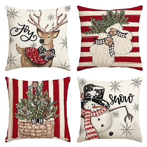 AVOIN colorlife Christmas Snowman Reindeer Gloves Eucalyptus Red Throw Pillow Covers, 18 x 18 Inch Winter Holiday Stripes Cushion Case Decoration for Sofa Couch Set of 4