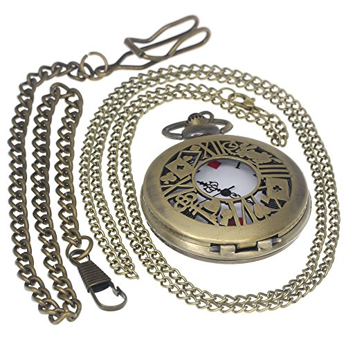 Bronze Poker Hollow Copper Skeleton Roman Numerial Case Arabic Dial Steampunk Men Women Gifts Alice In Wonderland Rabbit Pendant Poker Quartz Pocket Watches 1 PC Necklace 1 PC Clip Key Rib Chain