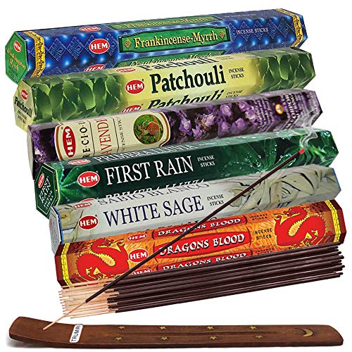 Hem Incense Sticks Variety Pack #23-120 Insence-Sticks (6 Incents x 20 Insense) + Incense Stick Holder Bundle with 6 Most Liked Fragrances Including Patchouli, Dragon's Blood and Frankincense-Myrrh