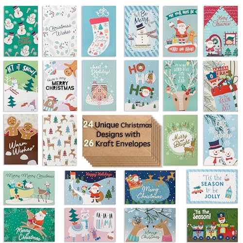 24 Cute Christmas Cards Assorted - Joyful Christmas Greeting Cards in 24 Unique Designs -Happy Holiday Cards- Family Christmas Cards- Bulk Assorted Christmas Cards with Envelopes, 4 x 6 Inches