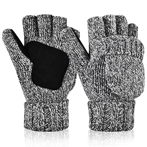 OOPOR Winter Knit Warm Fingerless Gloves - Cold Weather Wool Sport Running Cycling Bike Thermal Black Flip Top Mittens Men Women