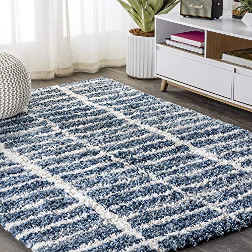 JONATHAN Y MBS101B-4 Merida Stacked Grid Shag Indoor Area Rug Bohemian Modern Glam Easy Cleaning Bedroom Kitchen Living Room, 4 X 6, Indigo Blue/Ivory