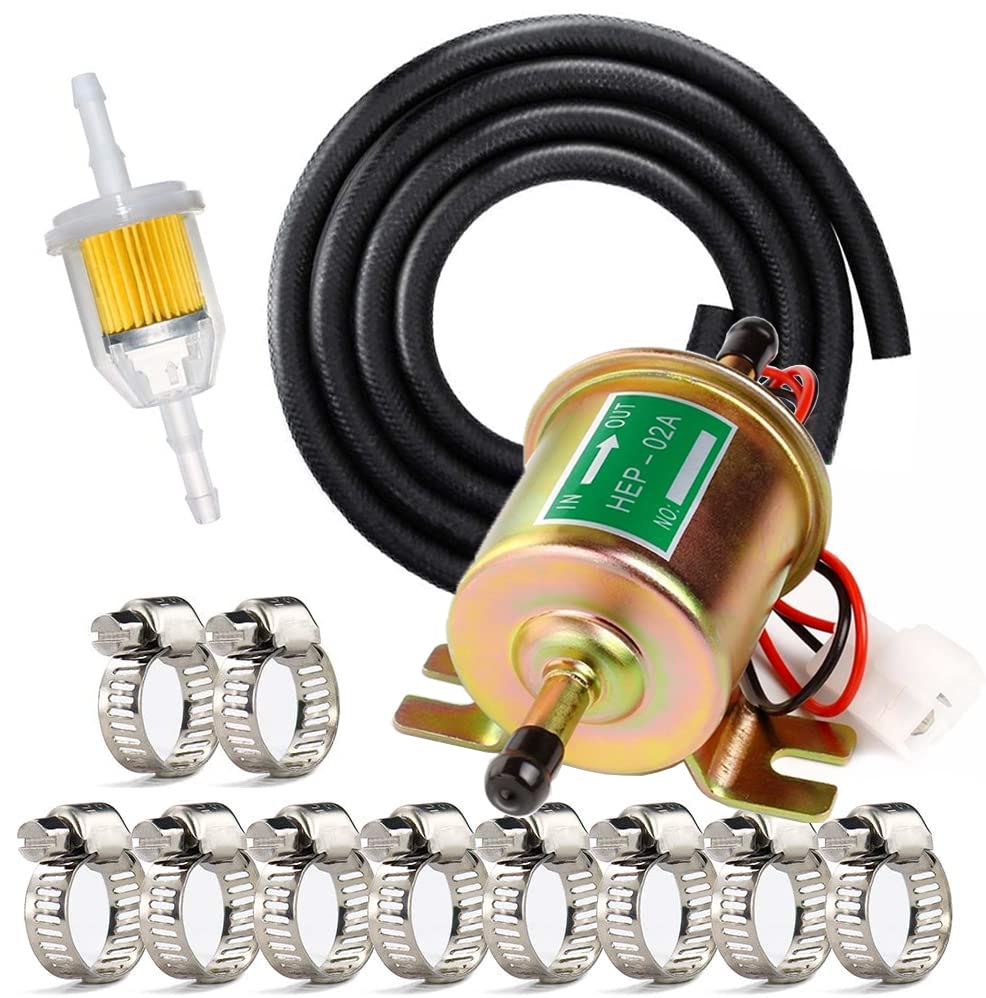 Electric Fuel Pump Kit Universal for Carburetor Lawn Mower Transfer Gas Diesel Include 2 Meter/6.56-Foot 5/16' ID Fuel Line + Fuel Filters + 10pcs Hose Clamp 2.5-4psi HEP02A