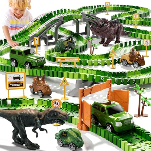iHaHa Dinosaur Toys Race Car Track 169 Pieces Ages 3+, Dinosaur Toys Toys 3-5, 6 PCS Dino Car, 2 Dino and Flexable Race Track Create A Dinosaur Road Toys for 3 4 5 6 Year Old Boys