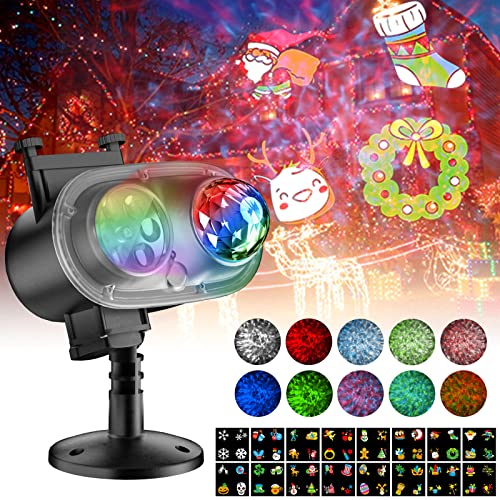 Christmas Decorations Projector Lights, 2-in-1 Moving Patterns Landscape Waterproof Outdoor Indoor Light with Remote Control for Christmas Holiday Gathering Party (16 Slides Multicolor)