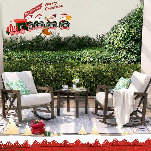 NATURAL EXPRESSIONS Rocking Bistro Set, 3 Piece Outdoor Patio Conversation Furniture Set with 2 Rockers and 1 Metal Coffee Table with Thick Cushions for Backyard,Porch,Poolside,300lbs