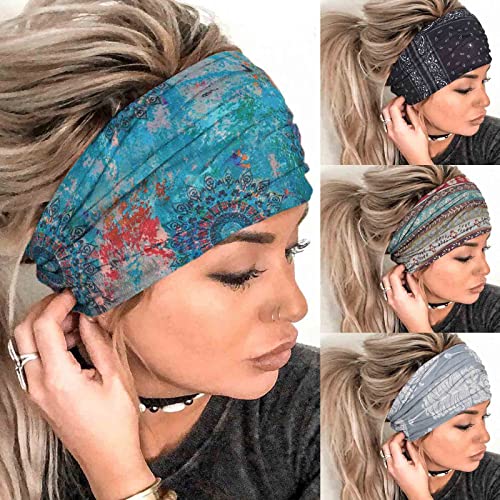 Olbye Boho Headbands Women Wide Head Bands Turban Elastic Nonslip Hairbands Workout Yoga Hair Scarfs Running Sweatband African Bohemian Head Wraps Fashion Hair Accessories for Women Girls (E- Stylish)
