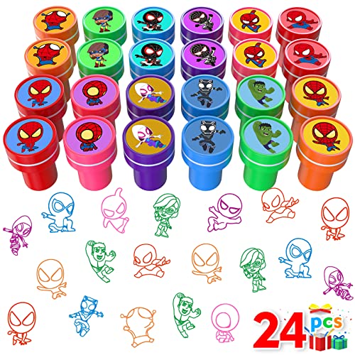 AFZMON Spiderman Party Stamps for Kids, 24Pcs Assorted Self-Inking Stamps, Goodie Bag Stuffers, Birthday Party Favor for Kids, Teacher Stamps Reward Pinata Fillers Carnival Prizes