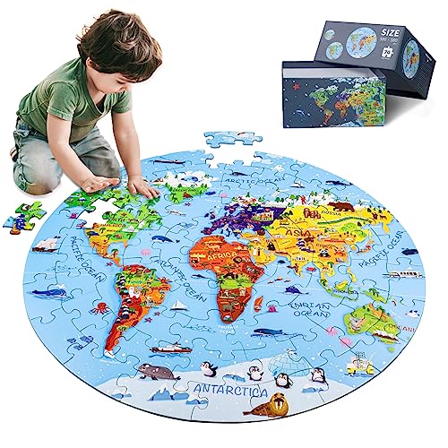 DIGOBAY World Map Jigsaw Puzzle for Kids 4-8, 70 Piece Globe Large Round Floor Puzzles for Kids Ages Toddler Puzzle Geography Games Educational Toys Birthday for Children