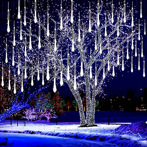 Kwaiffeo Christmas Lights Outdoor, 8 Tubes Meteor Shower Lights LED Snow Falling Icicle Cascading Lights for Xmas Tree Wedding Decoration Party, UL Plug, White