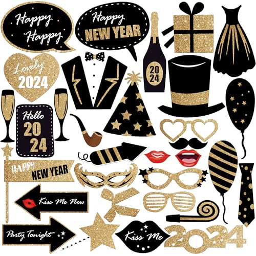 KatchOn, New Years Eve Photo Booth Props 2024 - Pack of 32 | NYE Photo Booth Props 2024 | Happy New Year Decorations 2024 | New Years Eve Party Supplies 2024 | New Years Photo Booth Props 2024