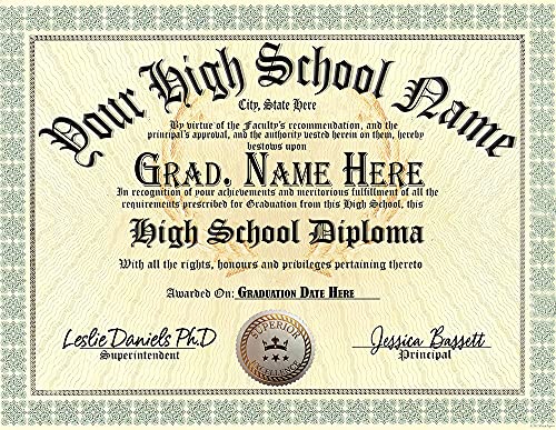 ONLY $19.99! Novelty High School Diploma Personalized Customized & Printed with Your personal Info PLUS we add a Navy Blue gold embossed quality Certificate Cover - Premium Quality - 8.5' by 11' BEIGE