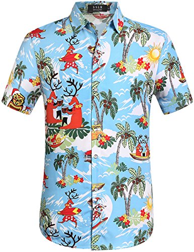 SSLR Men's Santa Claus Party Tropical Ugly Hawaiian Christmas Shirts (X-Large, Blue)