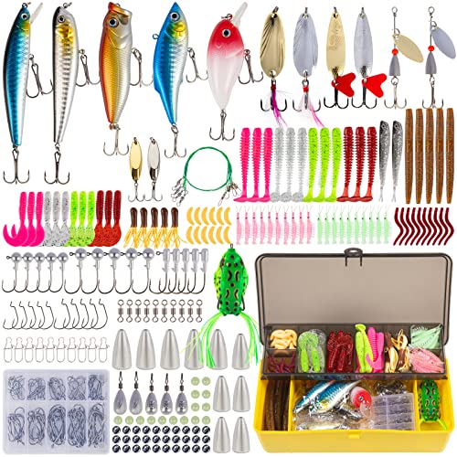 GOANDO Fishing Lures Kit 302Pcs Accessories Set for Bass Trout Salmon with Topwater Lures Crankbaits Spinnerbaits Spoon Worms Jigs and More Fishing Gear with Tackle Box
