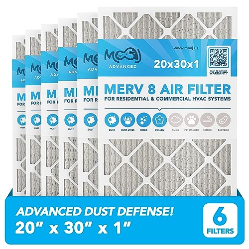 20x30x1 Air Filter (6-PACK) | MERV 8 | MOAJ Advanced Dust Defense | BASED IN USA | Quality Pleated Replacement Air Filters for AC & Furnace Applications | Actual Dimensions: 19.7' x 29.7' x 0.75' (in)