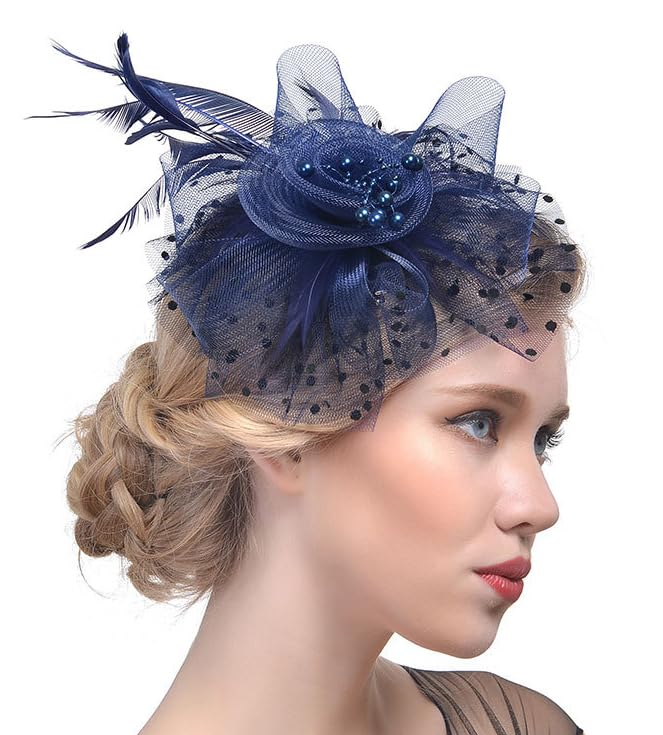 CCAKXCJJ Fascinators Hat for Women Tea Party Flower Mesh Ribbons Headband Feathers Headwear Hair Clip for Wedding HCFY-MSM-006 Navy Blue