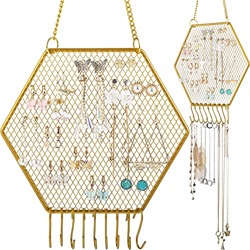 2 Pcs Earring Wall Holder Wall Mounted Earring Organizer Hanging Earring Stand Decorative Diamond Grid Shape Jewelry Display Rack with Hanging Hooks for Earrings Necklace Bracelet (Gold,Hexagon)