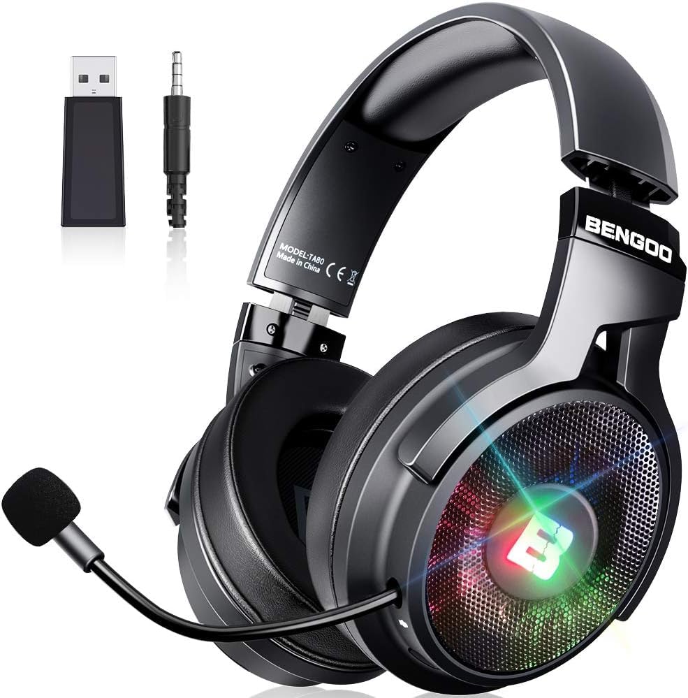BENGOO Wireless Gaming Headset for PS5 PS4 PC Mac, USB Over Ear Headphones with Noise Canceling Microphone, 7.1 Sound, 30 Hrs Play-time, 3,5mm Wired for Xbox Controller Switch