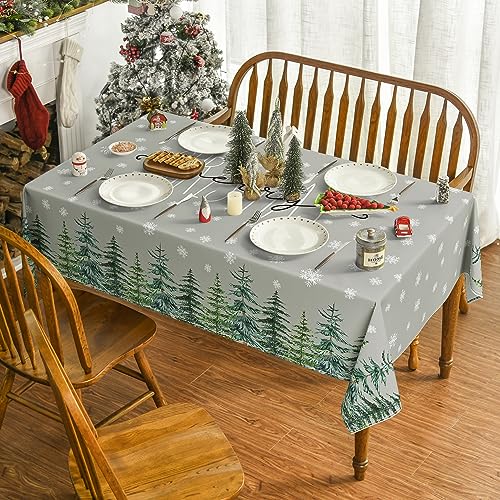 Horaldaily Christmas Tablecloth 60×84 Inch Rectangular, Winter Snow Trees Grey Washable Table Cover for Party Picnic Dinner Decor