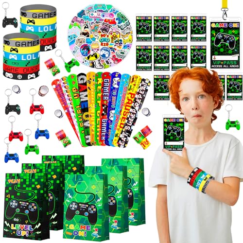 Video Game Party Favors for Kids, 110pcs Gamer Party Favors Set Including Video Game Wristband Slap Bracelets Keychain Vip Pass Ticket & Gamer Goodie Bags etc Gaming Party Favors for Boys
