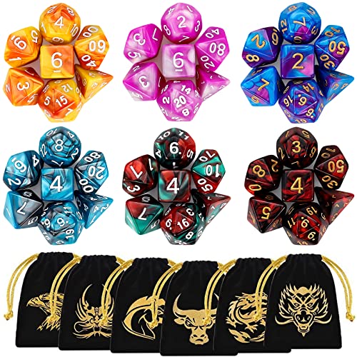 QMay DND Dice Set with 6 Pattern Dice Bag, 42 Pieces, 6 Sets Double - Colors Polyhedron Great for Dungeons and Dragons RPG MTG Table Games