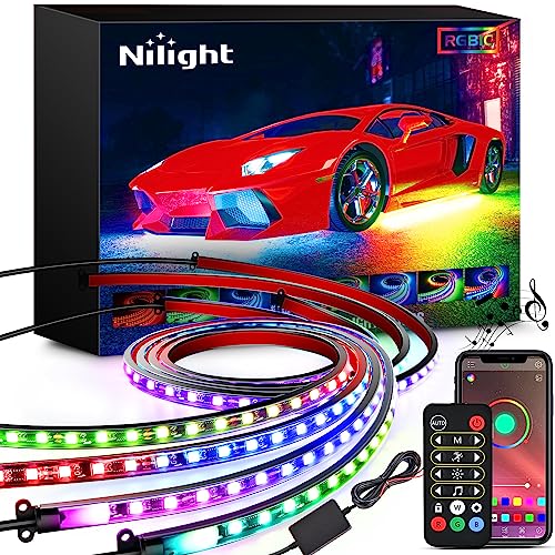 Nilight 4Pcs Car Underglow Neon Accent Strip Lights 256 LEDs RGBIC Multi Color DIY Sound Active Function Music Mode with APP Control and Remote Control Underbody Light Strips, 2 Years Warranty