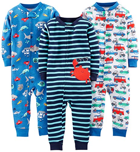 Simple Joys by Carter's Baby Boys' Snug-Fit Footless Cotton Pajamas, Pack of 3, Blue Sea Life/Navy Stripe/White Cars, 18 Months