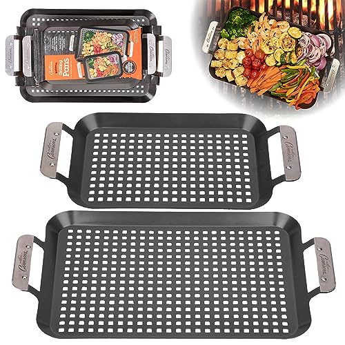 Camerons BBQ Grill Topper Grilling Pans (Set of 2 - Non-Stick Barbecue Trays w Stainless Steel Handles - Indoor Outdoor use for Barbecue & Smoked Meat, Vegetables & Seafood - Grill Accessory Gift Pack