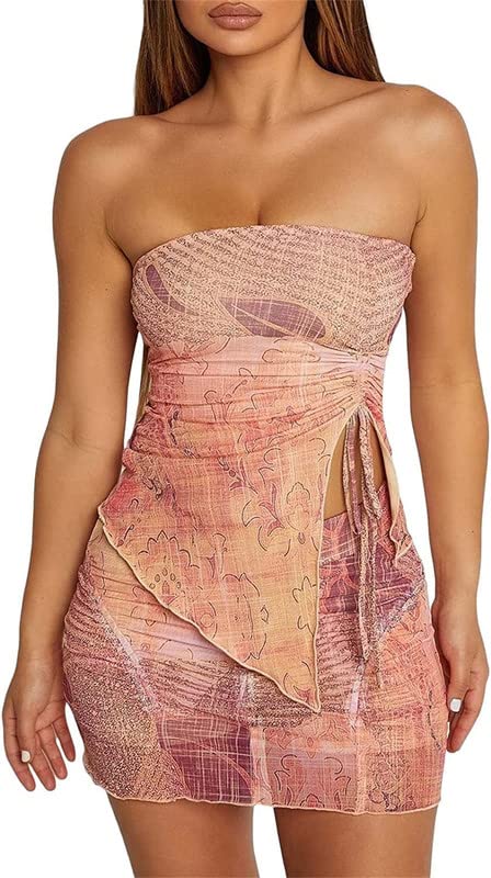 Thopavenoir Women Y2k Ruffle 2 Piece Skirt Sets 3D Floral Sheer Mesh Crop Top Bodycon Mini Skirt Fringed Tassels Summer Set (Pink Printing-I, S)