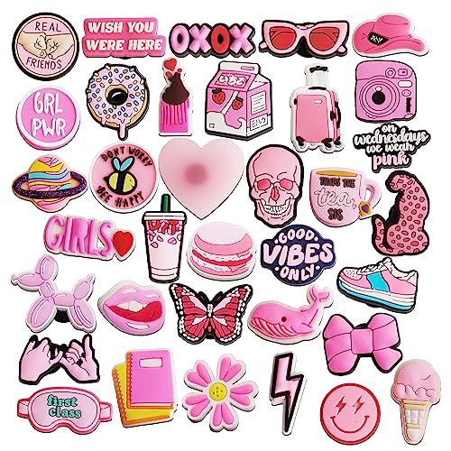 IOKUKI 35 PCS Pink Shoe Charms for Girls Women, Aesthetic Shoe Decoration Charms for Clog Slides Sandals, Pink Party Favors