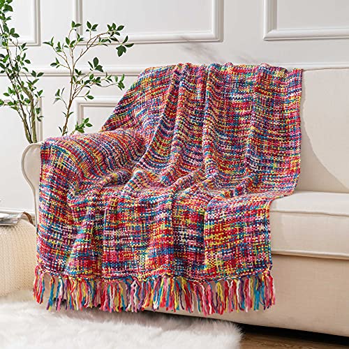 BATTILO HOME Multicolor Throw Blanket with Tassels, Home Decorative Colorful Throw Blanket for Couch, Boho Throw Blankets for Sofa, Bed Thows for Foot of Bed, 50'x60'