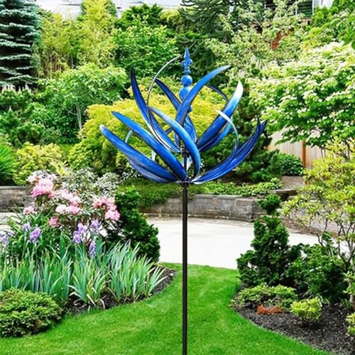Large Outdoor Metal Wind Spinners, Unique and Magical Metal Windmill, Lawn Solar Wind Spinners, 360 Degrees Swivel Wind Sculpture Yard Art Decor for Patio, Lawn & Garden (Blue)